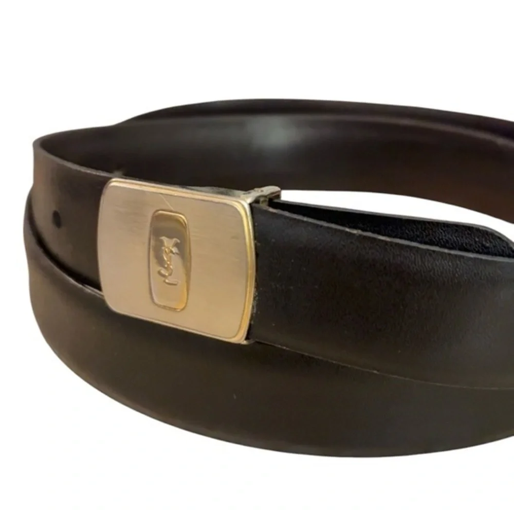 YSL Yves Saint Laurent Brass Buckle Vintage Black Leather‎ Belt 41”